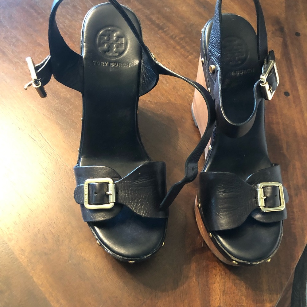 Tory Burch wooden wedges with navy leather, SZ 7